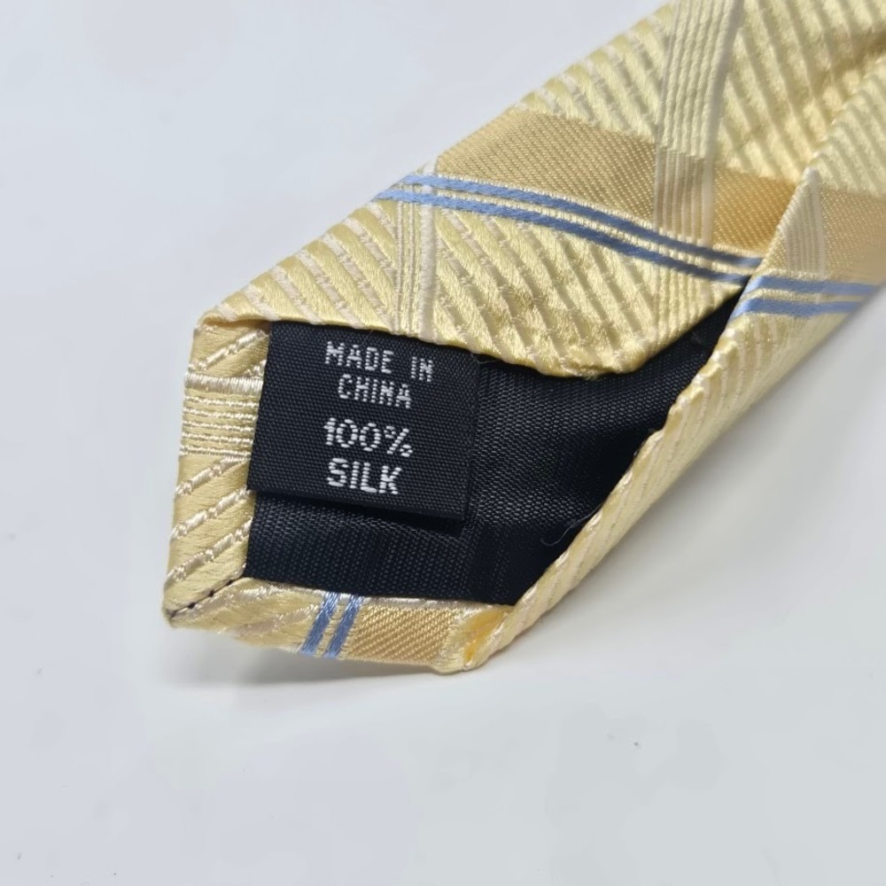 Mens Silk Necktie Yellow Plaid Check Blue Tan Textured Woven Formal Business Tie - Picture 4 of 4